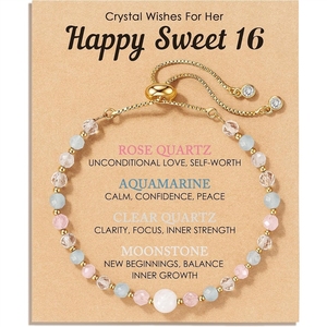 Bracelet en perles de cristal naturel, quartz rose, pierre de lune, aigue-marine, cadeau d'anniversaire pour adolescentes, <span class=keywords><strong>bijoux</strong></span> de mode en pierres de guérison - Product Image 1