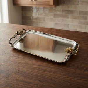 Polished Metal Serving Tray With <b>Pinecone</b> Handles Solid Finish Residential Use - Product Image 4