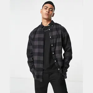 도매 주문 유행 가을 망 회색과 까만 체크 overshirt 100% 년 면 특대 격자 무늬 셔츠 flannel 셔츠 남자