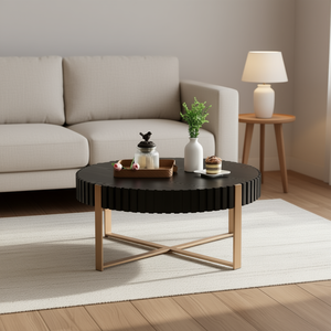 Table basse ronde moderne de 31,5 pouces, cadre en bois et métal noir mat, meubles de salon - Product Image 2