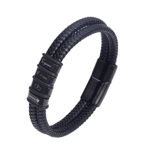 One Man Double Layer <b>Leather</b> <b>Bracelet</b> Black Titanium Steel Magnetic Clasp Men's Stylish Commute Jewelry - Product Image 4