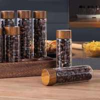 Tubes de rangement pour grains de café, bocaux de présentation en verre transparent avec couvercle en bois et base en bois, organisateur de conteneurs à café pour la maison, le café ou le bar