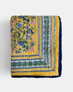 Reversible Cotton Quilt Yellow Blue Pink Block Print Boho Bed Cover King Comforter Soft All Season - Product Image 1