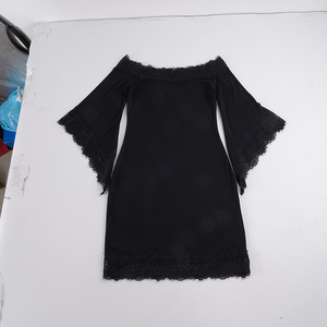 Robe moulante en mousseline de soie pour femme avec dentelle, épaules dénudées, manches volantées, couleur unie, élégante, pour soirée, glamour, mini, taille naturelle - Product Image 2