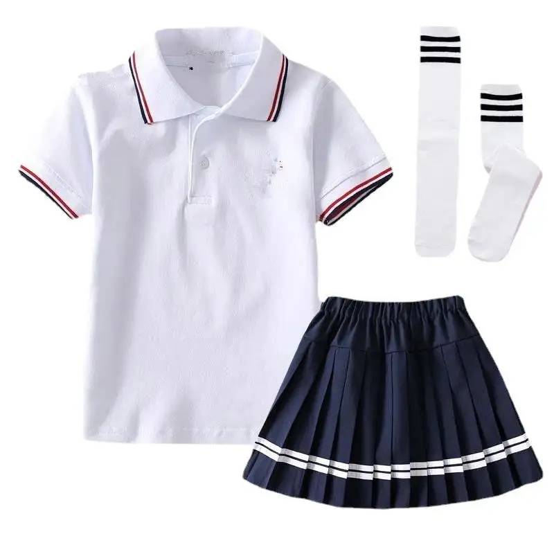 Custom navy pleat girls school uniform skirt and white shirt spring primary school student uniform kids