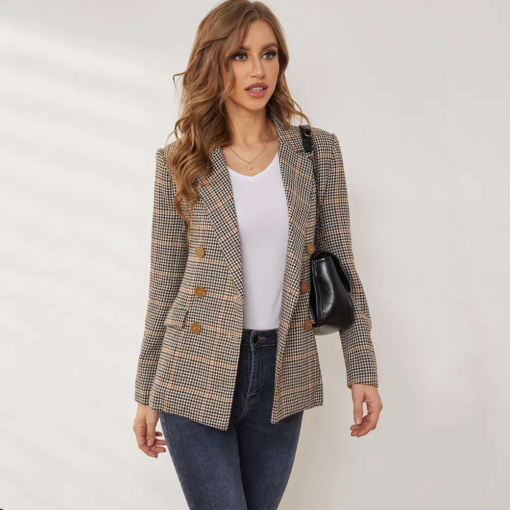 2021 Fashion Office Wear Double Breasted Blazer Vintage Long Sleeve Pockets Female Outerwear Chic Tops Women's Coats