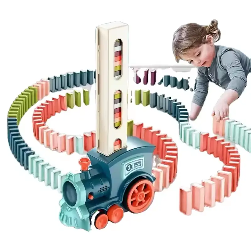 Juguetes de dominó para niños, tren de juguete de plástico que funciona con batería, con luz y música