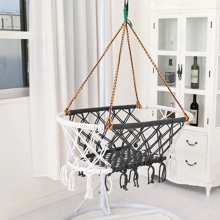 High Quality hot sale baby cradle swing white and black macrame hanging cradle cotton bamboo baby bed comfortable