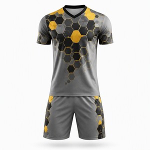 Ensemble de maillots de football en acier à motif hexagonal, argent, noir, jaune, kits de football personnalisés, uniforme d'équipe entièrement sublimé, vente en gros - Product Image 4