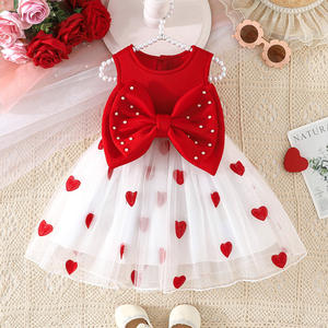 Vestido de Princesa para Niñas, Formal, con Capas, Cuello Redondo, Sin Mangas, Satinado, Largo hasta la Rodilla, Rojo y Blanco, Vibrante, Lindo y Lavable - Product Image 1