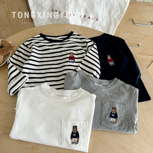 Children's Long Sleeve T-Shirt Bear Pocket Cotton Jersey Autumn Wear Boys Striped Inner Layer Top White Gray Navy Blue - Product Image 1