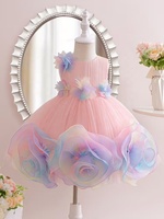 Promotion : Robe de soirée pour filles, style robe de bal, en tulle fleuri avec grand nœud, pour demoiselle d'honneur de mariage et demoiselle d'honneur d'enfants