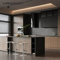 Armoires de cuisine modernes en bois massif noir brillant, étanches, modulaires, écologiques, garantie 5 ans, tiroirs à fermeture douce, marbre