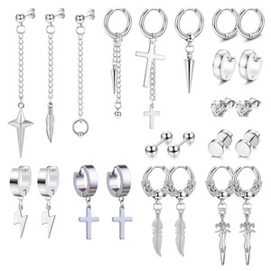 Set de 24 Aretes Góticos Punk de Acero Inoxidable con Aros, Dardos, Cruces, Plumas y Circonitas para Amantes de la Moda y el Rock - Product Image 2