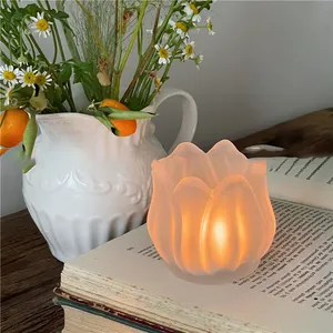 Fashionable and exquisite glass tulip shape candle holder unique frosted transparent champagne color home decoration candle hold