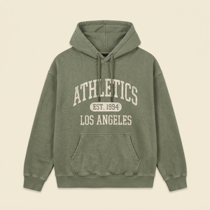 Felpa con Cappuccio Verde Oliva Lavata da Uomo, Stampa <span class=keywords><strong>Los</strong></span> <span class=keywords><strong>Angeles</strong></span>, Personalizzabile OEM, Alta Qualità, Streetwear Casual - Product Image 1