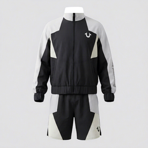 Ensemble coupe-vent sportif en nylon color block pour homme – Veste à col roulé et short respirant en polyester à séchage rapide pour le printemps et l'été - Product Image 1