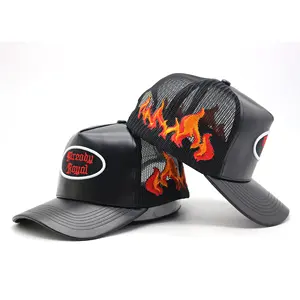 Gorra de camionero de cuero PU de 5 paneles, alta calidad, con bordado personalizado, Logo de fuego