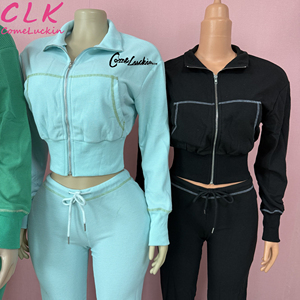 Comeluckin Wafel Gebreide Vrouwen Set Fall Custom Logo 2 Stuks Gym Wear Jogging Rits Jas Uitlopende Broek Trainingspak - Product Image 4