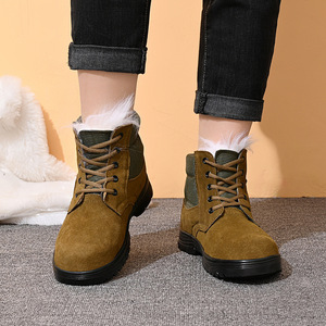 Bottes d'hiver chaudes en cuir de vachette et laine, doublées polaire, antidérapantes, chaussures de travail unisexes pour adultes, bottes de neige couleur unie à lacets avant - Product Image 1