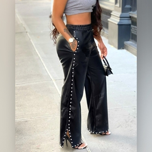 Pantaloni Larghi Casual da Donna Autunno/Inverno in <span class=keywords><strong>Pelle</strong></span> PU con Tasche e Strass, Tinta Unita, Stile Sehe Fashion - Product Image 1