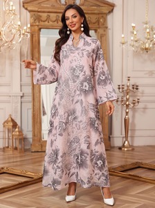 Unisex Rayon Colorblock Print Anti-Wrinkle Elegant Abaya <b>Rhinestone</b> Applique Ankle Length Long Gown Stand Collar Flare Sleeve - Product Image 4