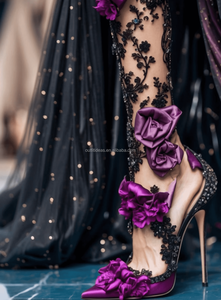 性感紫色3D花朵婚礼水钻踝跟鞋金属花卉水晶蝴蝶跟凉鞋紫色新娘婚鞋 - Product Image 3