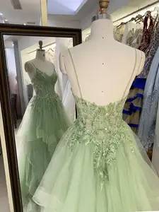 Gros corset vert menthe broderie tulle jupe à volants sans manches fermeture éclair dos une ligne robes de soirée de bal 2025