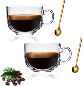 גדול ברור זכוכית קפה ספלי סט של 2,14.8 oz, 440ml-Wide פה תה כוסות עם ידית כפית