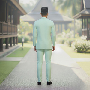 Melayu sipo Malaysia lễ hội bạc hà màu xanh lá cây Mandarin cổ áo kurta với tạp dề đầy màu sắc, đen songkok & lu-sh xanh sân đường dẫn. - Product Image 4