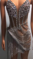 Robe longue à fente pour femme, modèle de chanteur moderne, Dj croix strass, robe une pièce fendue, Costume de scène de soirée