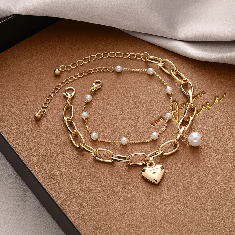 Gelang rantai berlian imitasi payet untuk wanita, gelang rantai mutiara warna emas, gelang pasangan