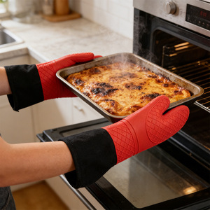 Silicone Heat Resistant <b>Gloves</b> Thickened Extra Wide Oven Mitts <b>Red</b> Black Gray Kitchen Baking Use - Product Image 1