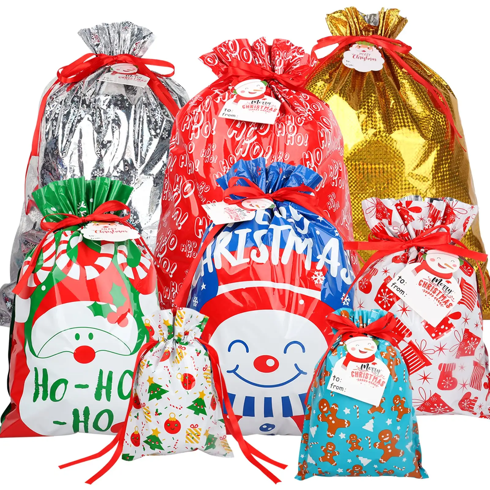 Bolsas de papel de aluminio con cordón para envolver regalos de Navidad, bolsas de regalo de Navidad