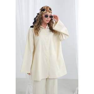LOREEN Women's Button Detail Oversize Shirt and Pants Two-Piece Set, Casual Loose Fit Blouse & <b>Trousers</b> Outfit, Beige 20694TKS - Product Image 5