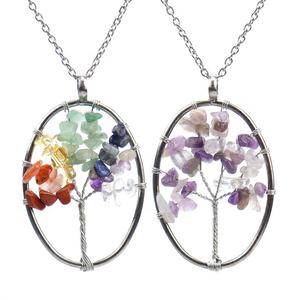 ホット販売ファッションジェムストーンペンダント、ライフツリーオーバルドロップダングルペンダントネックレス、手作りワイヤーラップチップビーズジュエリー - Product Image 3