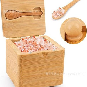 Bamboo <b>Spice</b> Storage Box With Spoon Flip Top Lid Airtight Solid Seasoning <b>Jar</b> For Salt Pepper Condiments - Product Image 1