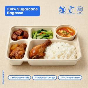 Wholesale <b>Disposable</b> 5 Compartment Sugarcane Bagasse Food Tray Biodegradable Compostable Microwave Safe Eco Friendly Takeaway - Product Image 1