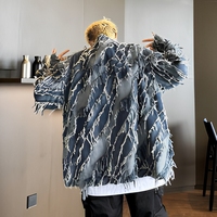 Blouson en jean décontracté pour homme, bleu délavé, patchwork effiloché, coupe ample, coupe-vent, résistant aux plis, vente en gros, logo personnalisé, haute qualité