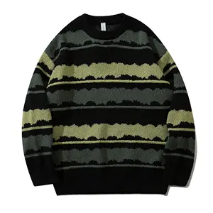Musim dingin sederhana dan dasar gaya garis warna blok Sweater rajut untuk pria