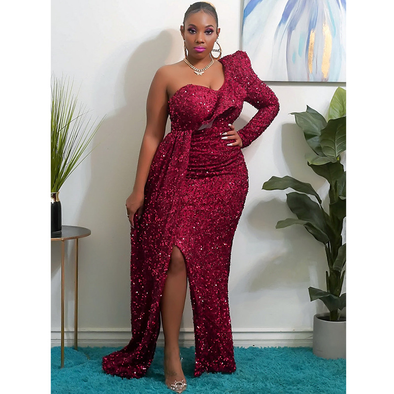 Red one shoulder sequin dress