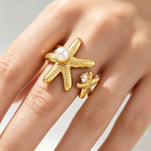HB0760 Anillo Abierto de Acero Inoxidable con Estrella de Mar y Perla, Estilo Boho, Ojo de Sol en Oro de 18k, Ajustable, para <span class=keywords><strong>Mujer</strong></span>, Joyería de Moda - Product Image 6
