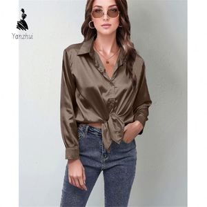 YZ 女式纯色翻领纽扣长袖缎面衬衫简约热销办公室日常衬衫 - Product Image 6