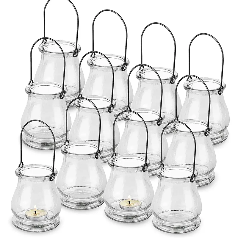 12 Pack Hanging Glass Tea Light Candle Lanterns DETACHABLE HANDLES vintage lantern candle jar