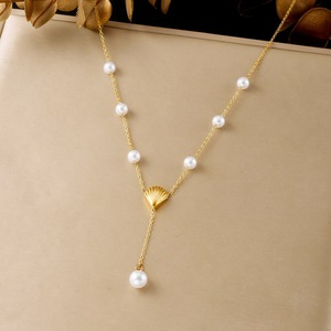 Pearl Clavicle Chain Gold Plated Stainless Steel Y Shaped Scallop Pendant Necklace Daily Party Jewelry - Product Image 1