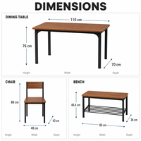 Table à manger en bois avec 2 chaises et banc de rangement, structure en métal noir, meubles de salle à manger pour la maison et la cuisine