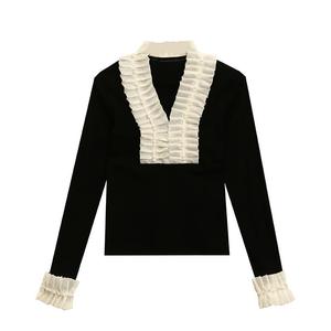 Nouveau design original de printemps, <span class=keywords><strong>T</strong></span>-<span class=keywords><strong>shirt</strong></span> pour <span class=keywords><strong>femme</strong></span> à <span class=keywords><strong>col</strong></span> en <span class=keywords><strong>V</strong></span>, manches longues, style occidental, avec broderie de perles et dentelle, style artisanal raffiné - Product Image 5