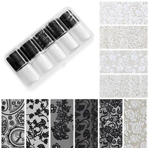 10 Rouleaux de Films de Transfert pour Ongles en Dentelle Noire et Blanche, Motifs Floraux Vintage, Autocollants de Transfert pour Nail Art, Films de Transfert DIY en Dentelle Creuse pour Ongles - Product Image 1