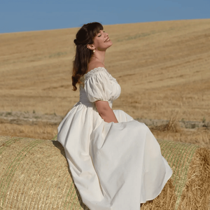 לבן את הכתף שרוול שרוף תחרה המחשוף קודר חרוט המחובר לחצאית יפה וינטג סגנון חתונה אורח שמלת מקסי - Product Image 3