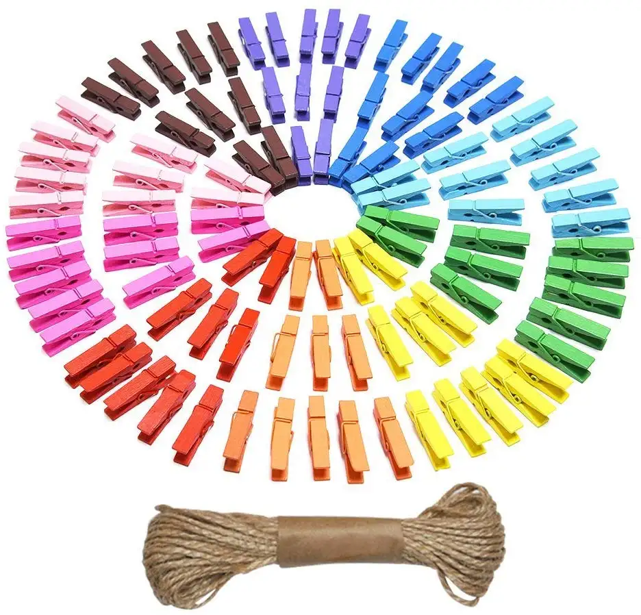 Mini Natural Wooden Clothespins Photo Paper Peg Pin Craft Clips with Natural Twine (10 Colors)